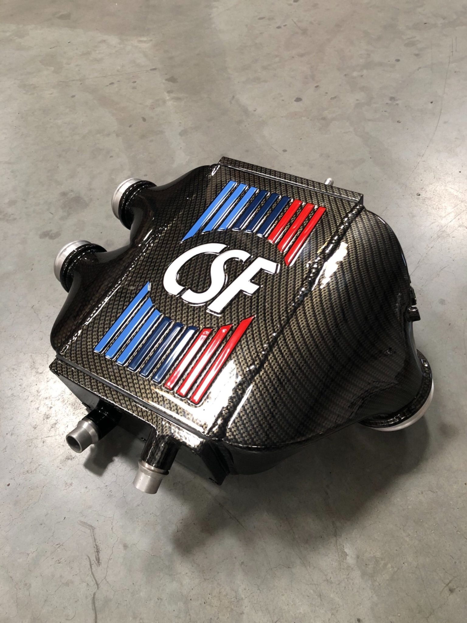 CSF Race BMW F8X M3/M4/M2C Top Mount Charge-Air-Cooler in custom Carbon Fiber w/ BMW M Color Striping and silverstone logo (+$900) - 8082